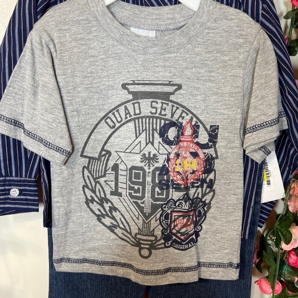 NWT Quad Seven Boys 3 Pc Set Shirt , Jeans , Button Up Baby 18 Months Blue Gray